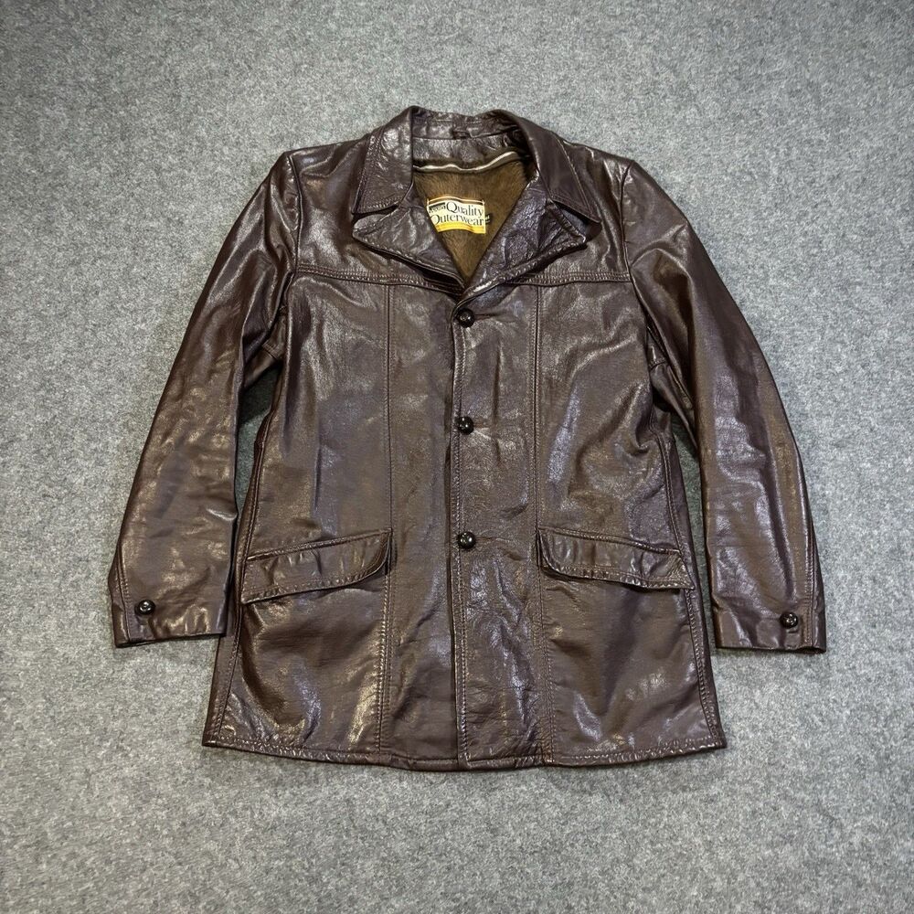 Vintage Montgomery Ward Outerwear Leather Jacket Size 44 Tall Brown Fur Liner